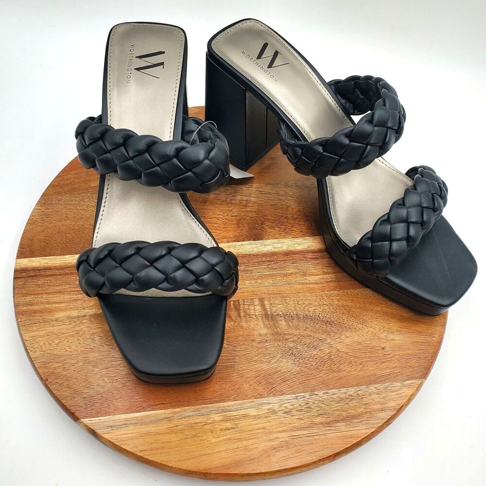 Worthington Platform Block Heels Women's 7.5M Black Braided Straps Sandals NWT